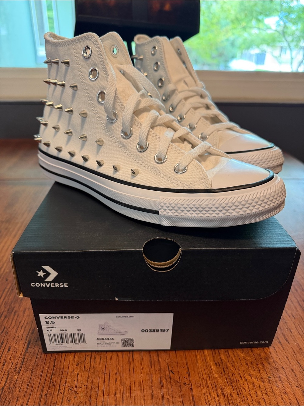 Converse White High-Top Sneakers with Silver Spikes